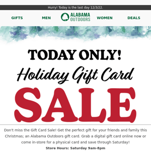 Don't Miss Out! Gift Card Sale Ends Today! Shop.