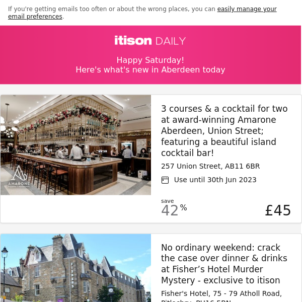 Amarone Aberdeen dining; Fisher’s Hotel Murder Mystery, Pitlochry; Rishi’s Indian Aroma dining; Award-winning Grandtully Hotel stay, and 8 other deals