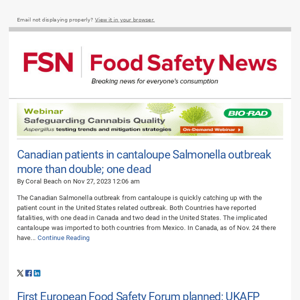 Food Safety News - 11/27/2023 Canadian patients in cantaloupe Salmonella outbreak more than double; one dead
