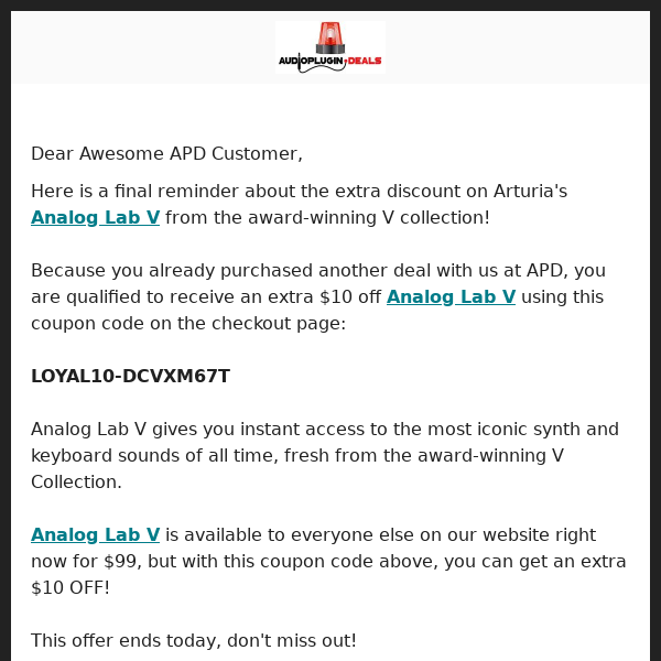 🔔 Final Call: Get an extra $10 off Arturia's Analog Lab V!