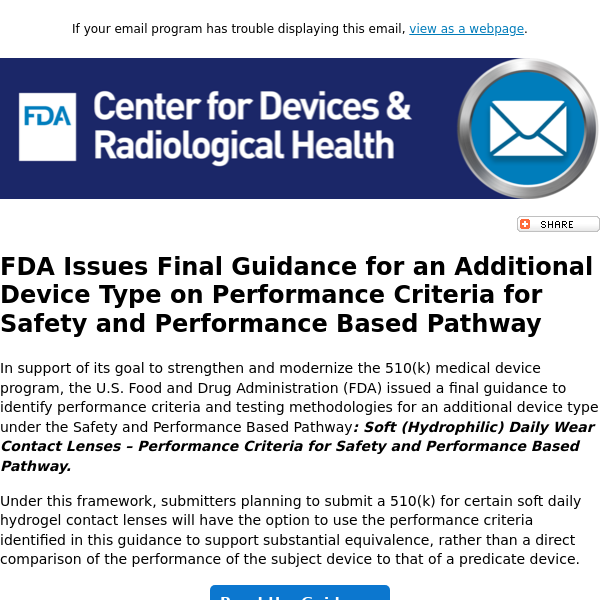 Final Guidance: Soft (Hydrophilic) Daily Wear Contact Lenses - Performance Criteria for Safety and Performance Based Pathway