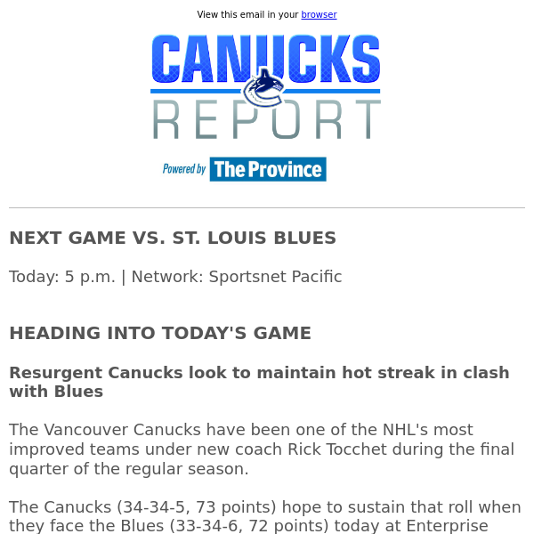 Canucks look to maintain hot streak in clash with Blues