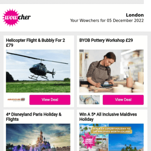 Helicopter Flight & Bubbly For 2 £79 | BYOB Pottery Workshop £29 | 4* Disneyland Paris Holiday & Flights | Mystery Holiday - 2023 Dates | Bannatyne Elemis Pamper Spa Day £40 |