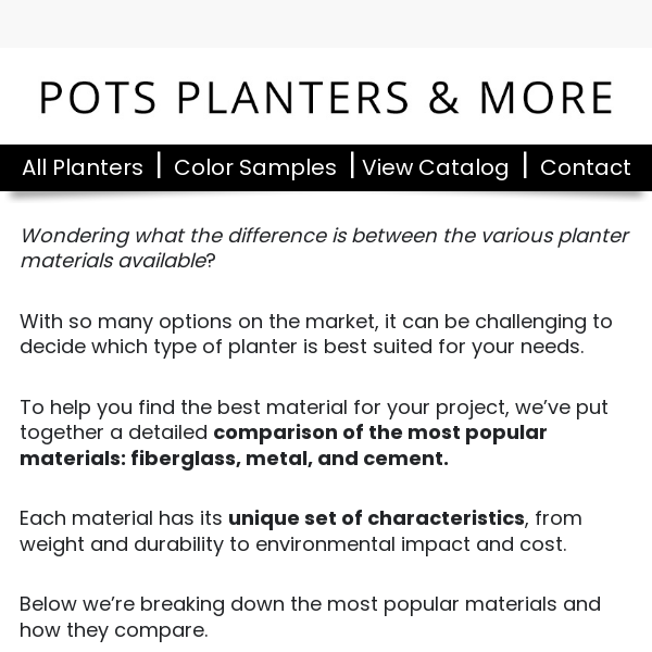 🌳 In-Depth Comparison: Fiberglass vs Metal vs Cement Planters