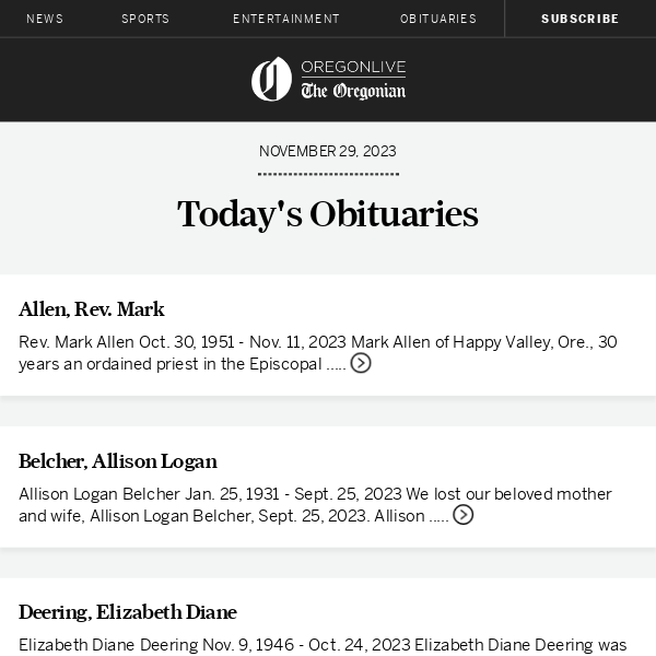 Latest obituaries for November 29, 2023