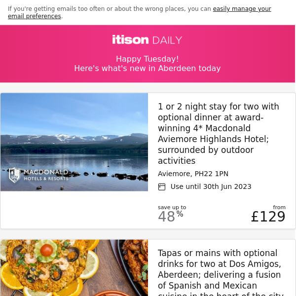 Macdonald Aviemore Highland Resort; Dos Amigos dining; The Inn at Loch Tummel, Perthshire; BrewDog Aberdeen spirit flights & pizza, and 8 other deals