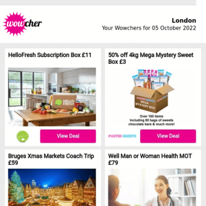 HelloFresh Subscription Box £11 | 50% off 8kg Mega Mystery Sweet Box £3 | Bruges Xmas Markets Coach Trip £59 | Well Man or Woman Health MOT £79 | 12 Month Gas Boiler Cover £19 |