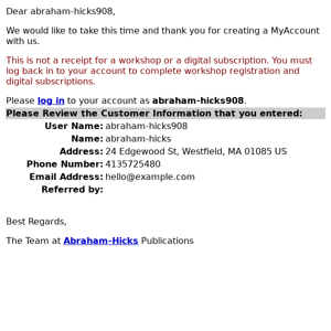 MyAccount Abraham-Hicks.com: Account Creation Notification (Abraham Hicks908)