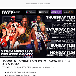 TONIGHT on IWTV - CZW, Inspire AD & DOA