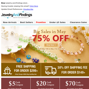 Big Sales in May Up to 75% OFF + Free Shipping for order $299+