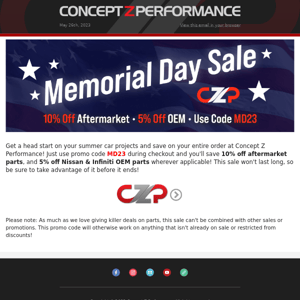 Save on parts at CZP this Memorial Day Weekend! ⭐