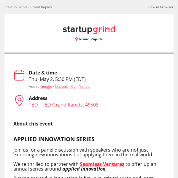 Startup Grind, join us for Panel Discussion: Applying Innovation to Disrupt Healthcare w/ Ben Look of Seamless Ventures