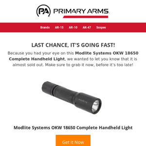 ⚡ It’s almost gone! See if Modlite Systems OKW 18650 Complete Handheld Light is available ⚡