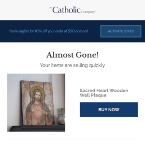 The Sacred Heart Wooden Wall Plaque is selling fast! Save 10% when you check out