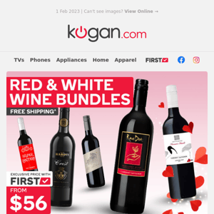 🍷 Free Shipping on Red & White Wine Bundles from $56 for Valentine's Day!*