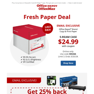 LAST DAY to get $24.99 Office Depot® 5rm case paper w/coupon! 