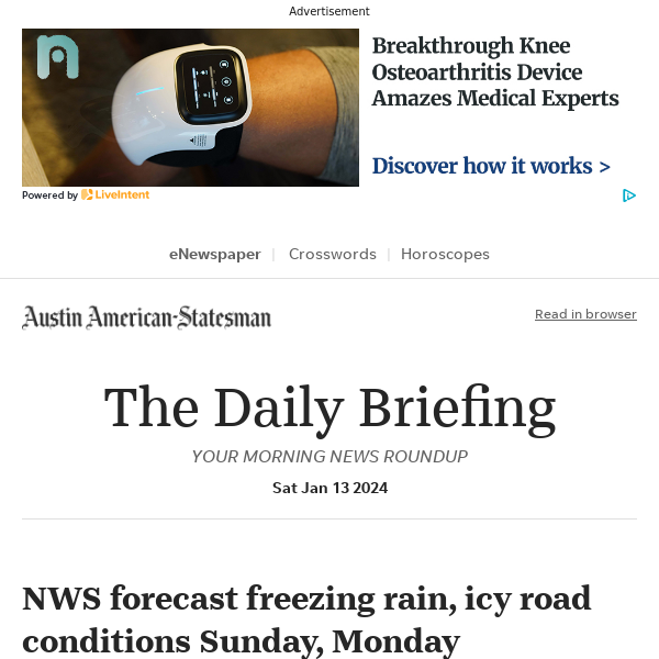 Daily Briefing: NWS forecast freezing rain, icy road conditions Sunday, Monday