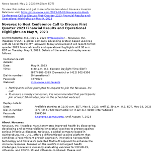 Novavax to Host Conference Call to Discuss First Quarter 2023 Financial Results and Operational Highlights on May 9, 2023