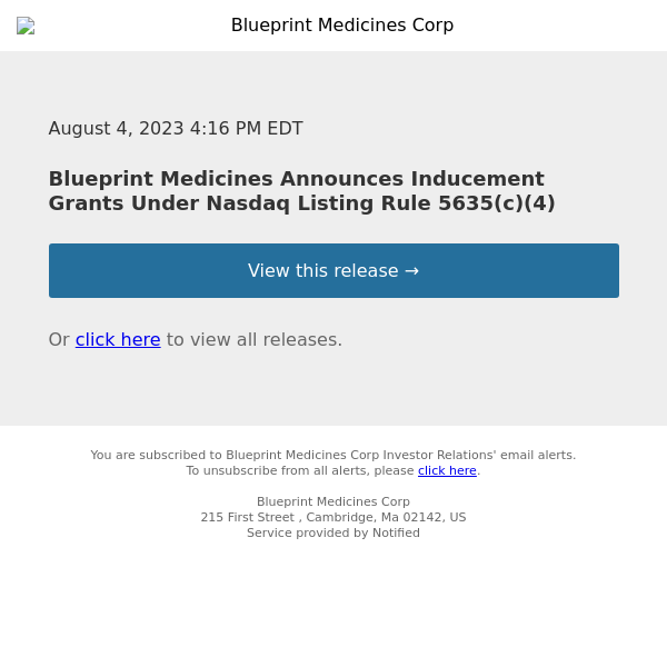 Blueprint Medicines Announces Inducement Grants Under Nasdaq Listing Rule 5635(c)(4)