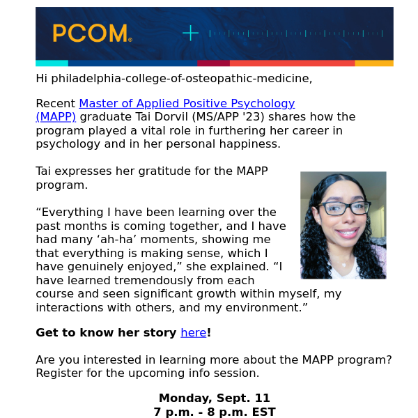 A recent graduate on why she chose PCOM's applied positive psychology program