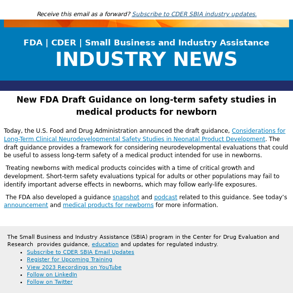 New FDA Draft Guidance on long-term safety studies in medical products for newborns