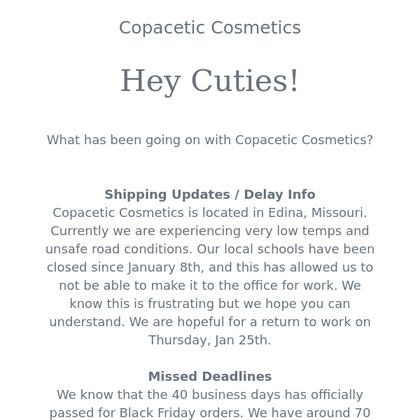 Copacetic Cosmetics / Updates & Shipping Info