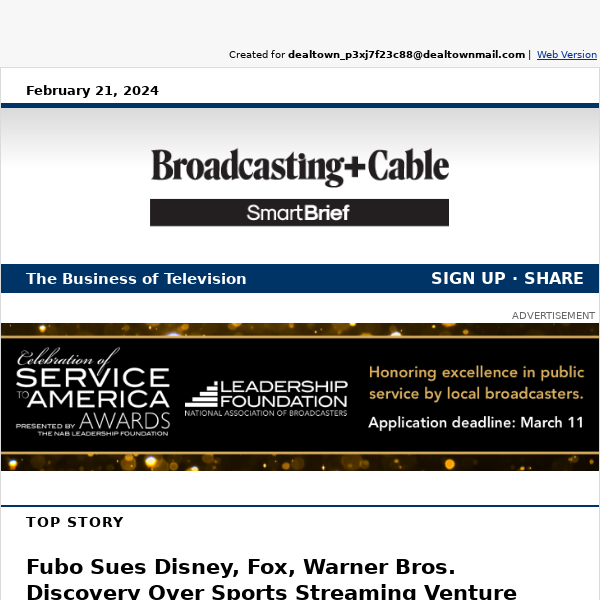 Fubo Sues Over Sports Streaming Venture; WJAR Celebrates 75 Years on the Air
