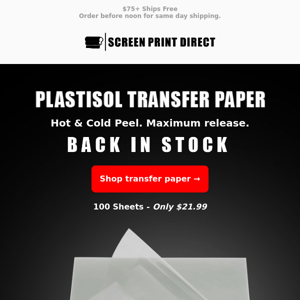 ⚠️Back In Stock: Hot & Cold Peel Plastisol Transfer Paper