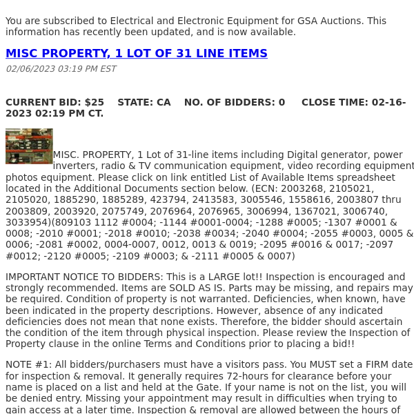 GSA Auctions Electrical and Electronic Equipment Update