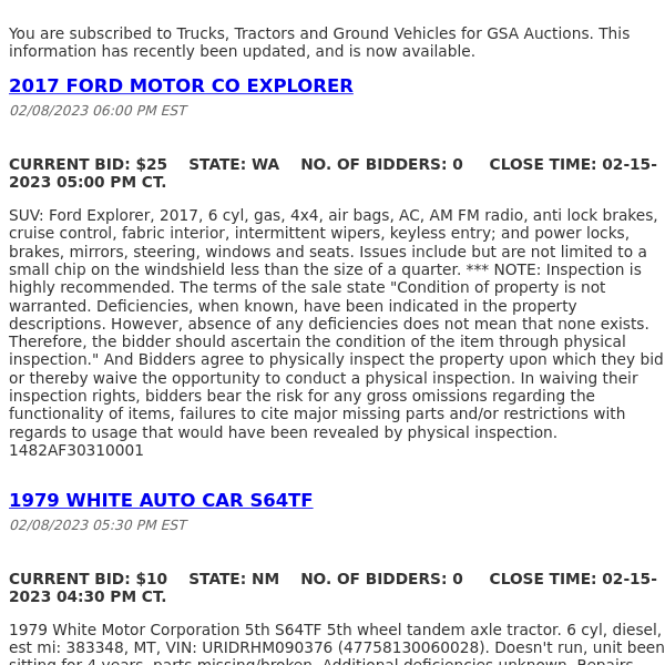 GSA Auctions Trucks, Tractors and Ground Vehicles Update