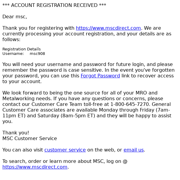 Your new mscdirect.com Registration