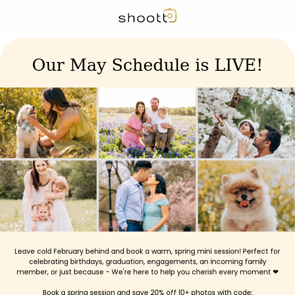 Our May Mini Session Schedule is LIVE! 🌼