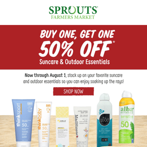 ☀️Sprouts Farmers Market, BOGO50 suncare & outdoor essentials + sweet stone fruit!