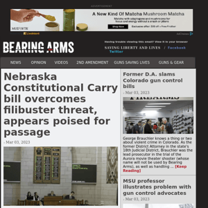 Bearing Arms - Mar 03 - Nebraska Constitutional Carry bill overcomes filibuster threat, appears poised for passage