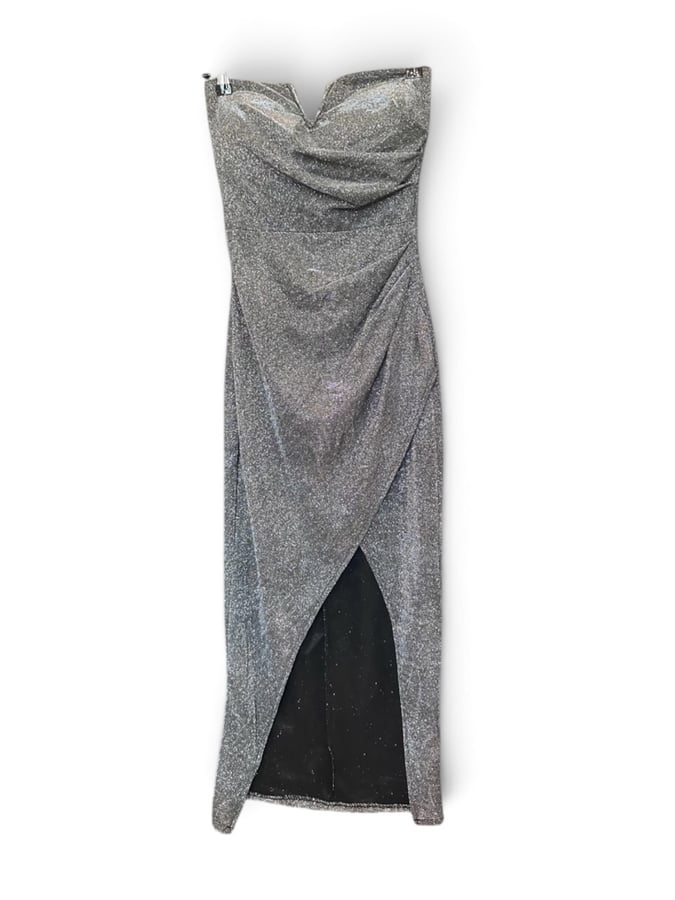 New Silver Glitter Strapless Evening Dress with Side Slit