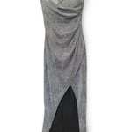 New Silver Glitter Strapless Evening Dress with Side Slit