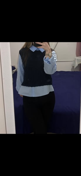 Women's Dark Blue Vest and Light Blue Shirt Outfit