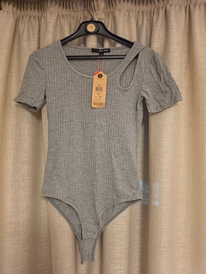 Tally Weilj grey ribbed bodysuit with cut out, XS size, with tags