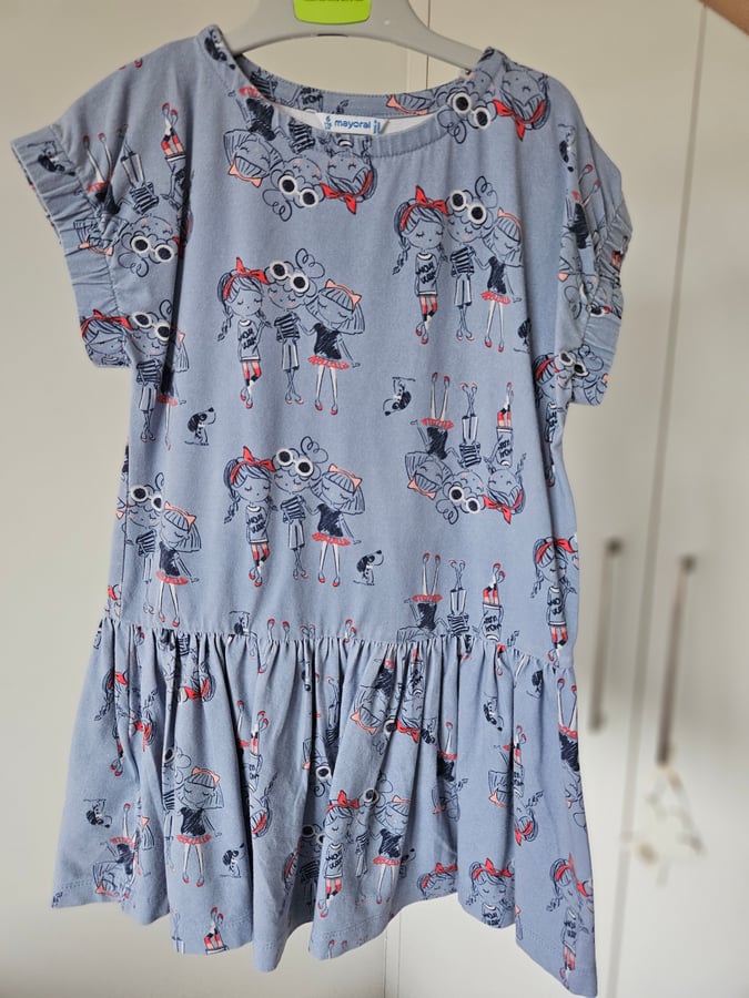 Mayoral Girls Blue Drop-Waist Dress - Fun Character Graphic Print - Size 6 Years (116 cm)