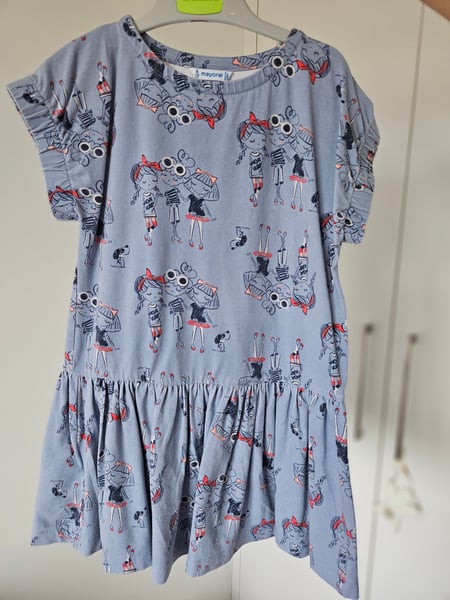 Mayoral Girls Blue Drop-Waist Dress - Fun Character Graphic Print - Size 6 Years (116 cm)