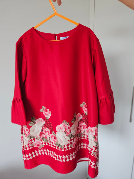Mayoral Girls Red Crepe Shift Dress - Floral Border Print - Size 8 Years (128 cm)