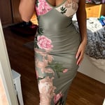Sage Green & Pink Floral Fitted Maxi Dress – UK Size Small