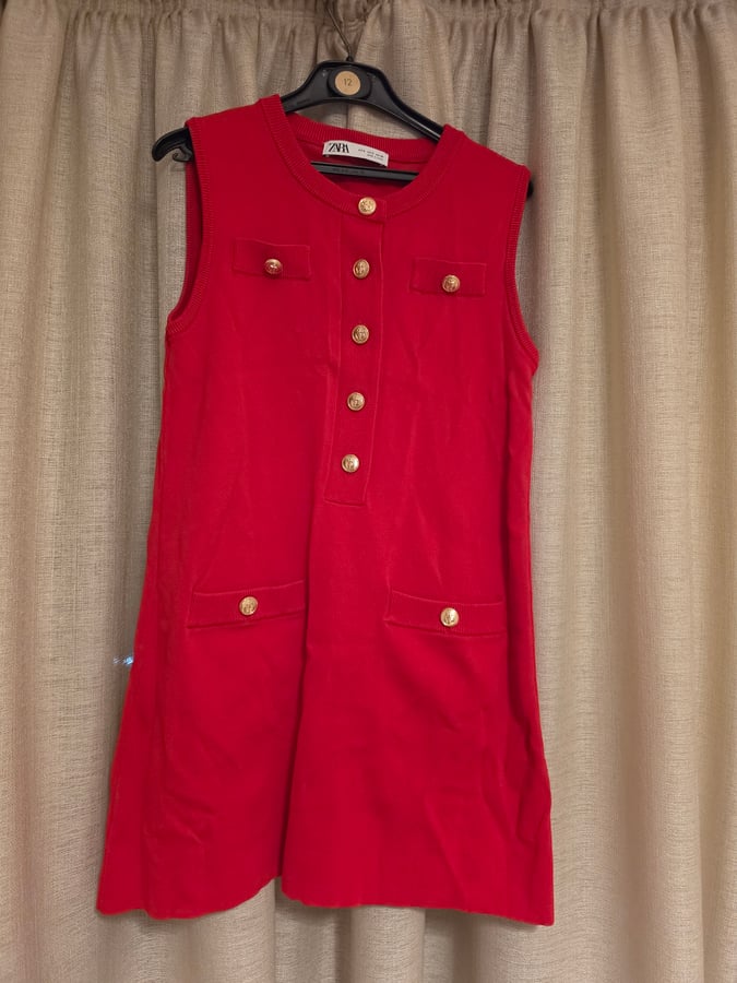Zara Red Sleeveless knit Dress with Gold Buttons, XS size