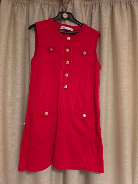 Zara Red Sleeveless knit Dress with Gold Buttons, XS size