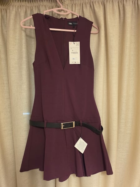 ZARA Womens Belted Pleat Dress Burgundy Size XS