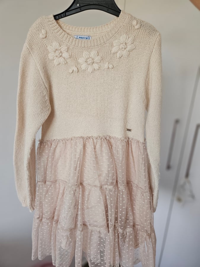 Mayoral Girls Ivory/Pink Knit & Tulle Dress (7 Years / 122cm)