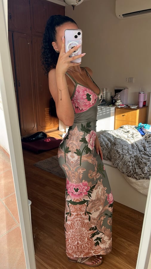 Sage Green & Pink Floral Fitted Maxi Dress – UK Size Small