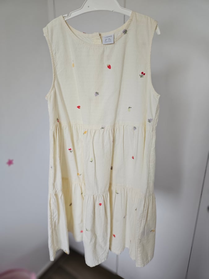 Lindex Kids Cream Tiered Summer Dress - Fruit & Flower Embroidery - Size 7-8 Years (128 cm)
