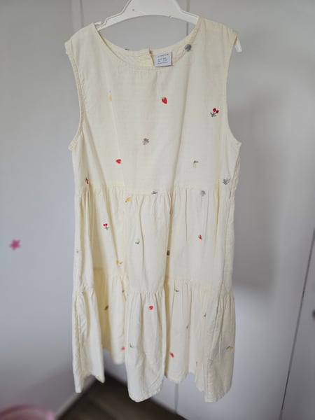 Lindex Kids Cream Tiered Summer Dress - Fruit & Flower Embroidery - Size 7-8 Years (128 cm)