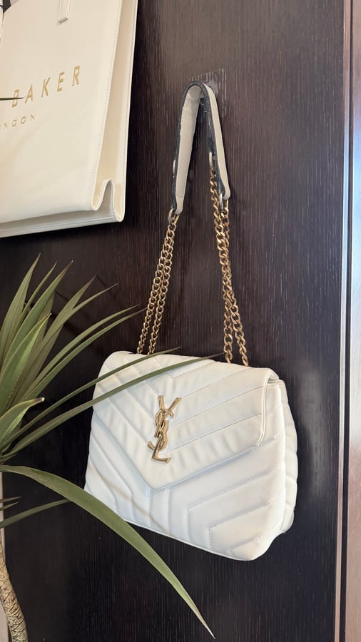 Saint Laurent White Quilted Purse with Gold Chain Straps